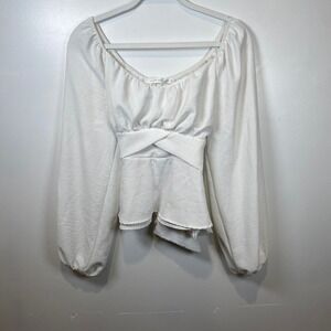 Altar'd State Peplum Blouse Criss Cross Tie Balloon Sleeve White‎ L